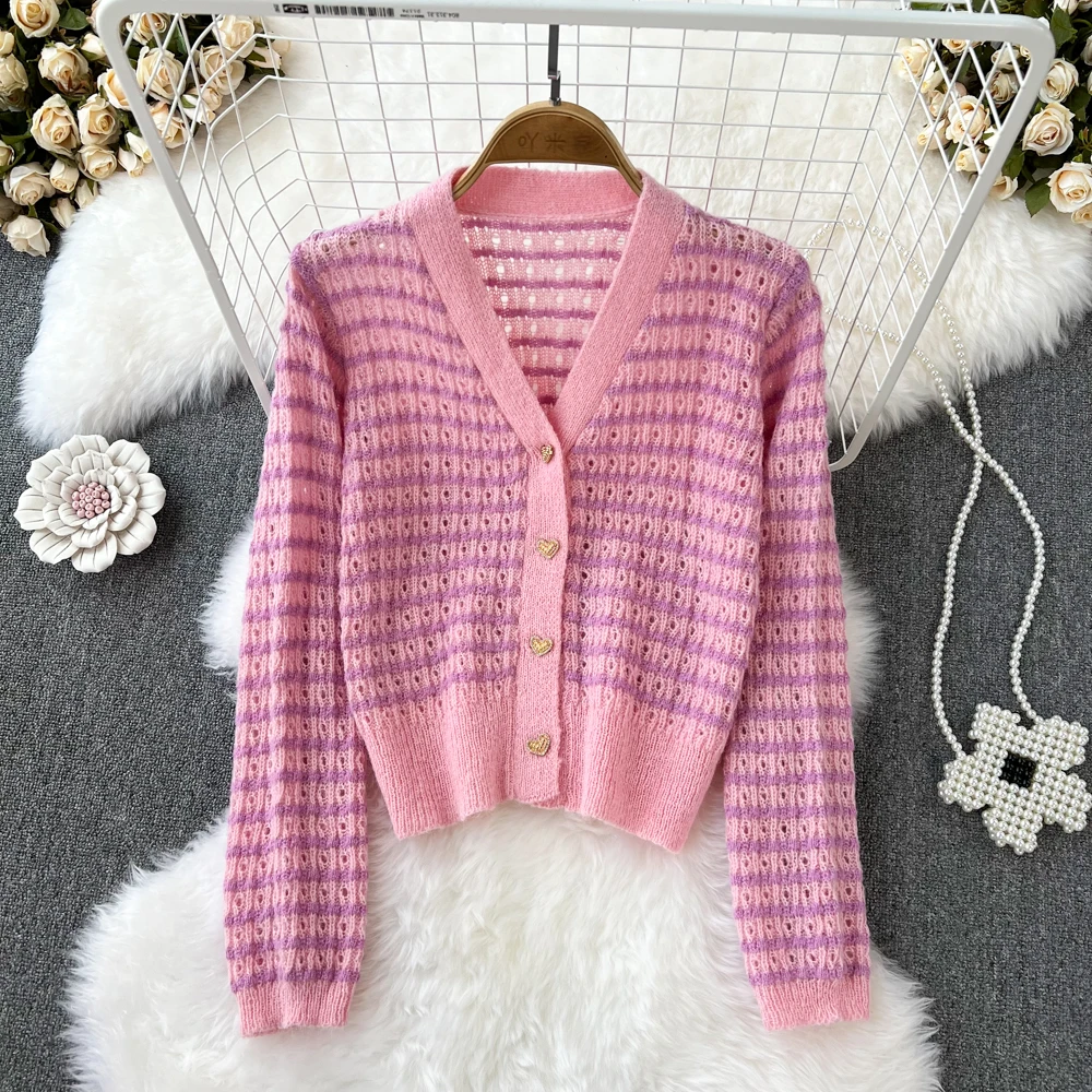 

Xiaoxiangfeng темпераментный контрастный полосатый однобортный вязаный кардиган с v-образным вырезом для женщин на осень и зиму