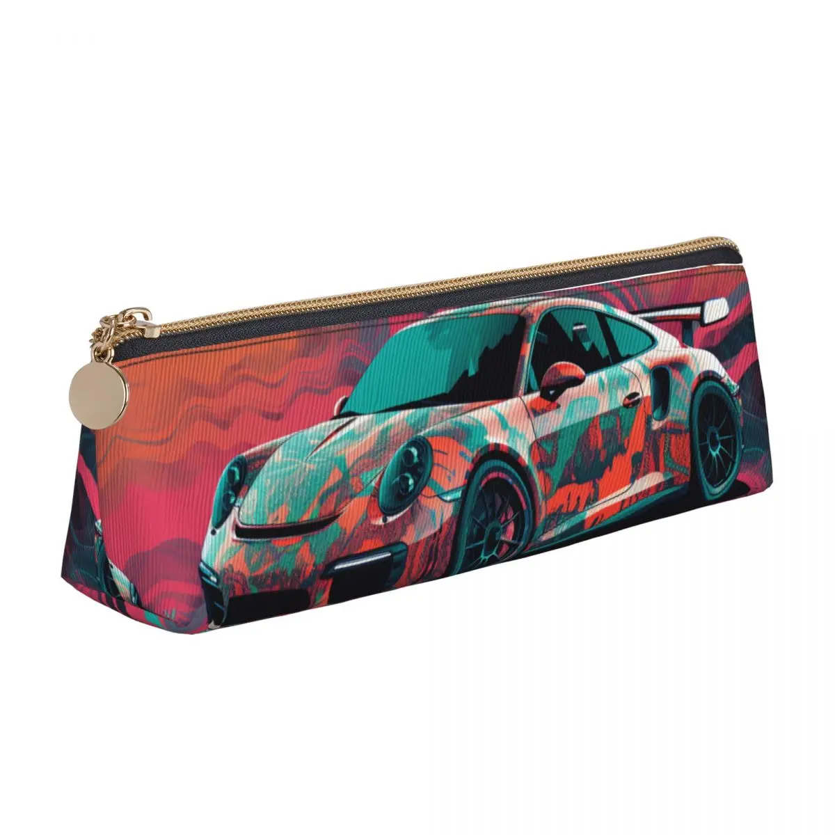 

Classic Sports Car Leather Pencil Case Cover Art Neo Fauvism School Boy Girl Zipper Pencil Box Cute Large Triangle Pen Organizer