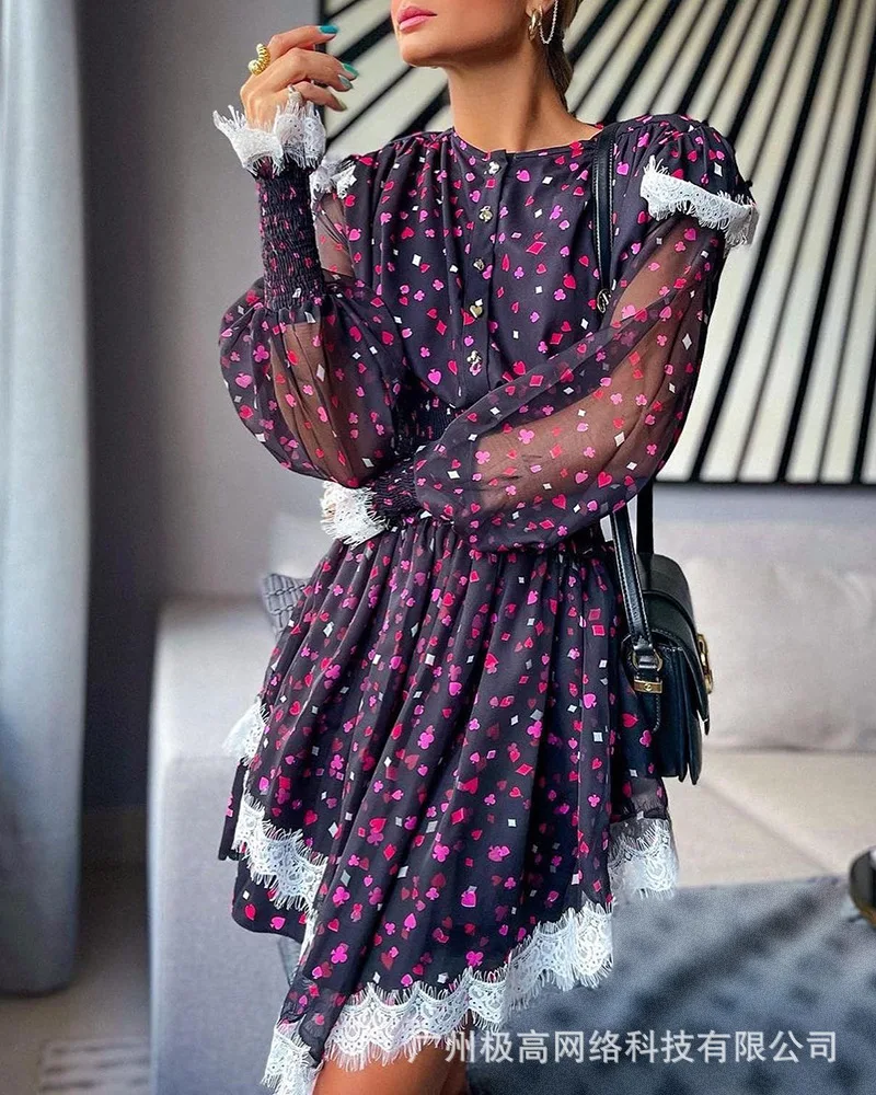 

Poker Pattern Print Lantern Sleeve Lace Trim Dress Women Summer Spring O neck Sexy Mini Dress