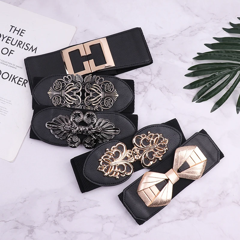 

Vintage Fashion Metal Buckle Ladies Elastic Wide Waistband New Decoration Dress Belt Designer for Woman Belt