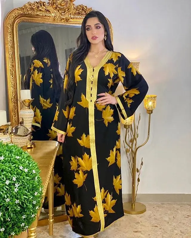 

Black Long Abaya Dress Women 2022 Fashion V Neck Long Sleeve Gold Leaves Print Luxury Abaya Dubai Muslim Islamic Clothing
