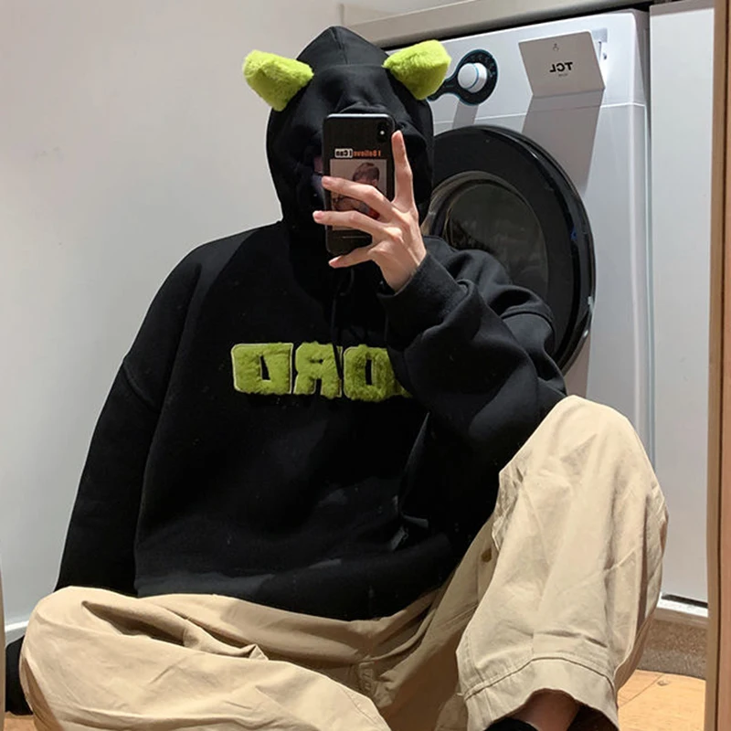 

Harajuku Hoodies Women sweatshirt Streetwear angel ears Long Sleeve Oversized Kawaii Cute Pullover Green y2k Top Girls grunge