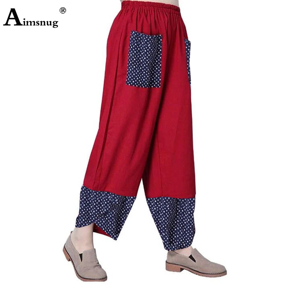Women Irregular Wide Leg Pants 2022 Indie Folk Linen Pant Casual Elastic Waist Pocket Pantalon Female Print Trouser Loose Style