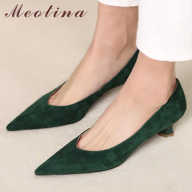 

Meotina Women Genuine Leather Pointed Toe Pumps Mid Heel Shallow Strange Style Ladies Fashion Casual Shoes Spring Autumn Green