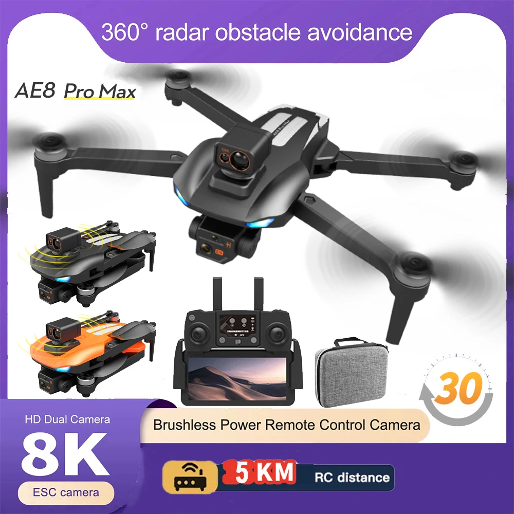 

New AE8 Pro Max GPS Drone 8K Profesional Dual HD Camera RC Helicopter Distance 5KM Plane Brushless Obstacle Avoidance Quadcopter