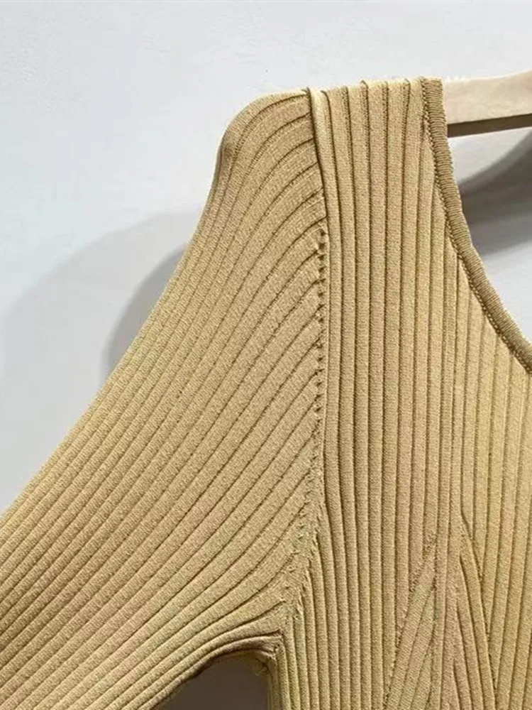 2022 New Women French Round Neck Slim Fit Knit Dress Long Sleeve Side Slit Knit Midi Robes