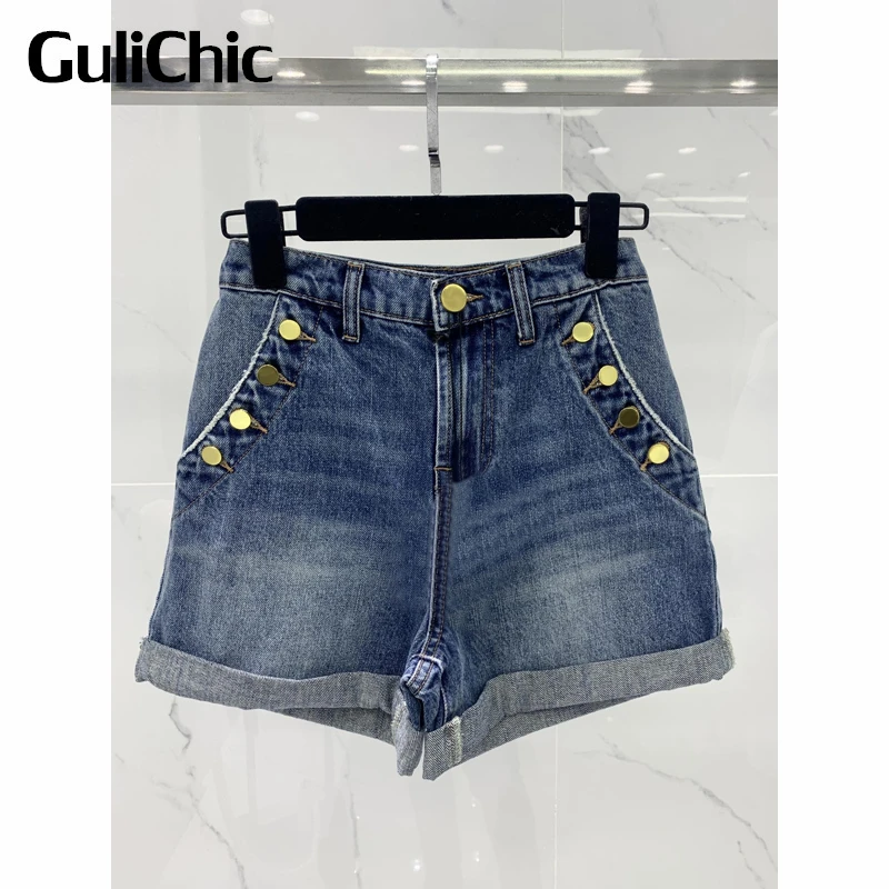 

5.9 GuliChic Fashion Gold Button Decoration Washed Denim Shorts Women