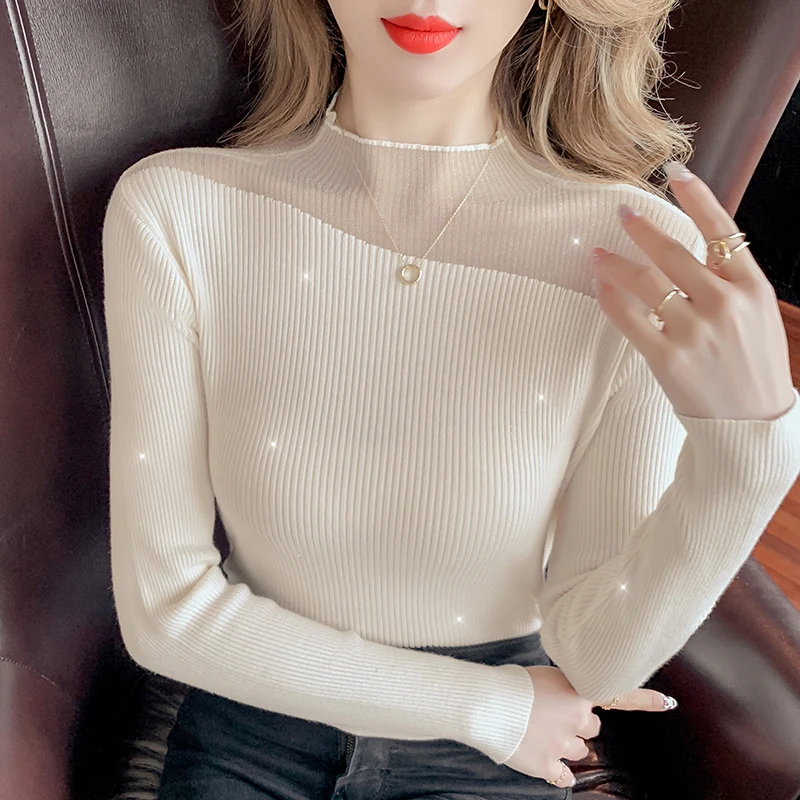 

Half turtleneck see-through knit sweater autumn and winter new pullover sweater women GRAY22