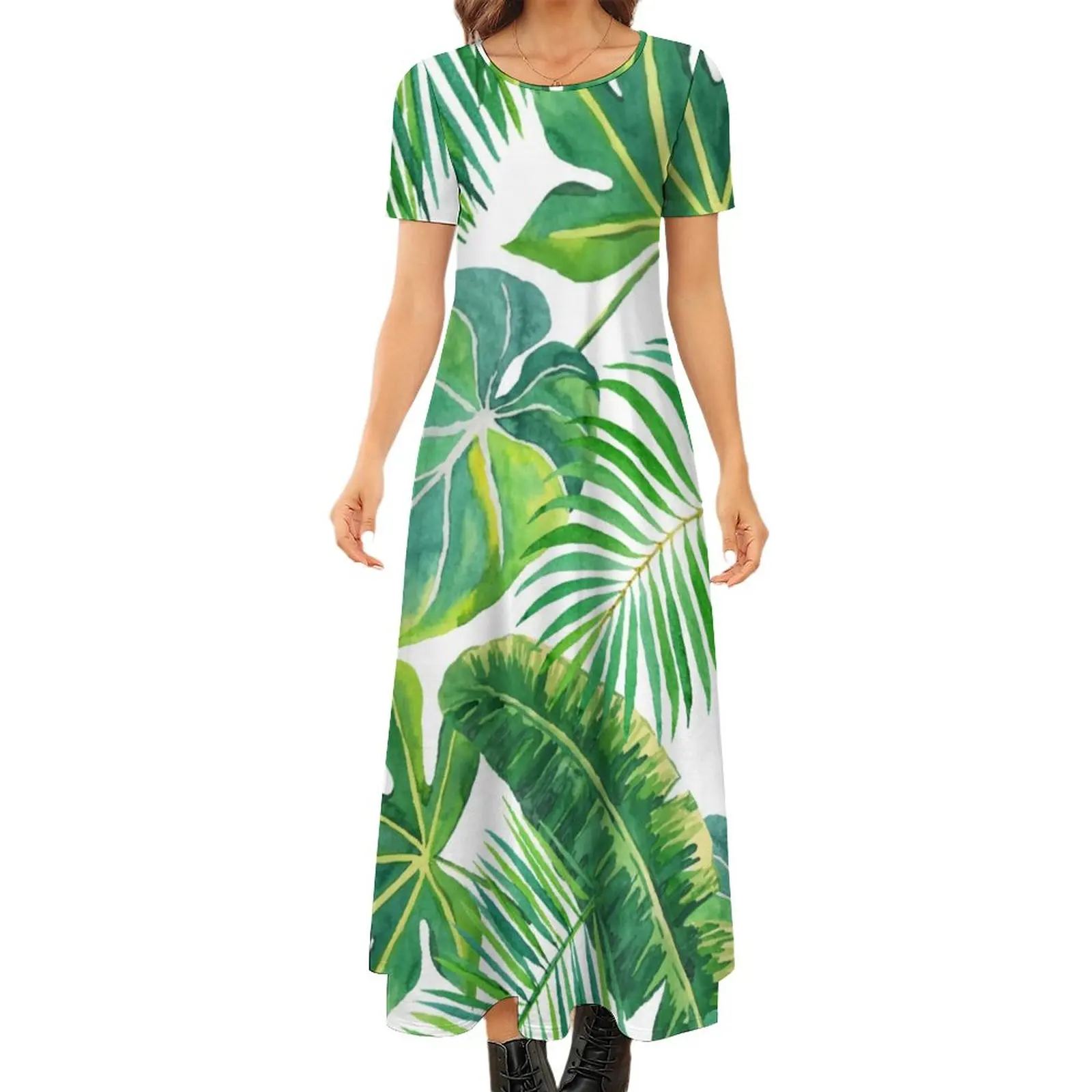 

Tropical Leaves Dress Hawaii Beach Modern Retro Maxi Dress Short Sleeve Aesthetic Bohemia Long Dresses Graphic Oversized Vestido
