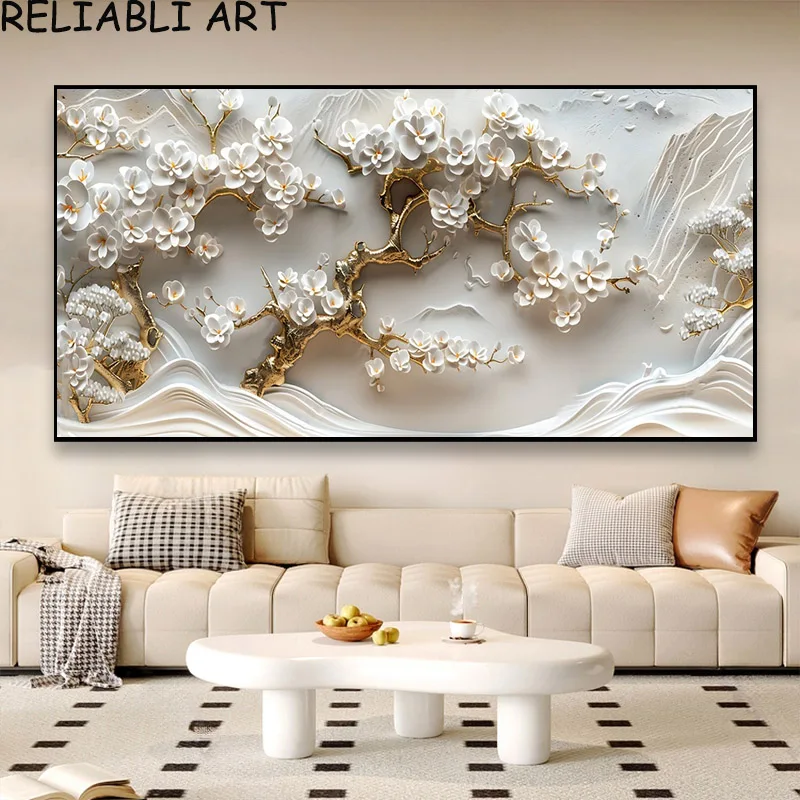 

RELIABLI ART 3D Золотой Белый Цветочный Деревья Картина на холсте