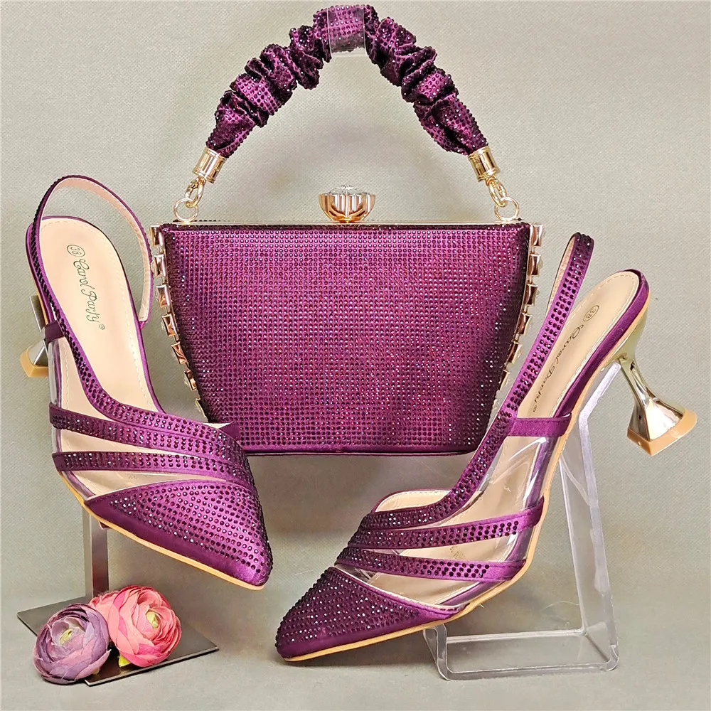 

Pointed Top New Purple Color Cross Diamond Belt Decoration Comfortable And Streamlined Exquisite Party Ladies Shoes And Bag