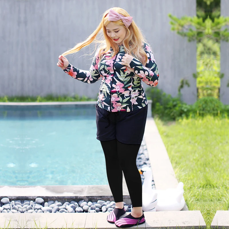 Plus Size Women Rash Guard Swimsuit 2022 Long Sleeve Swimsuit Sports Swimwear Sun Protection Beach Wear Bathing Suit 5XL