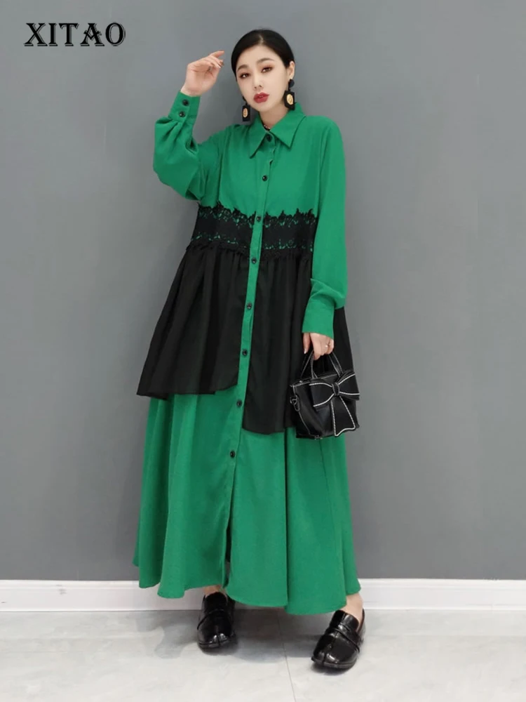 

XITAO модное кружевное лоскутное контрастное цветное кружевное повседневное свободное платье-рубашка весеннее новое простое темпераментное...