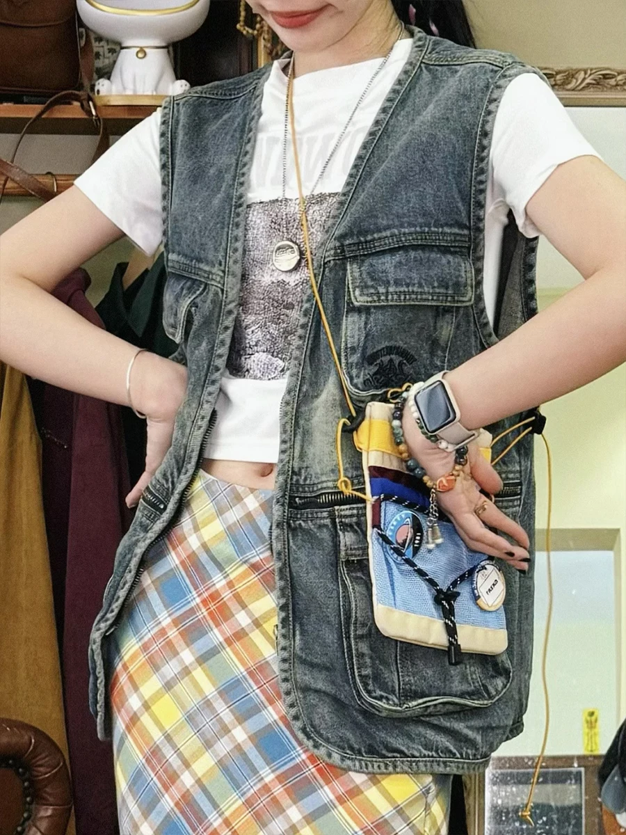 [00 000 80000] Retro Multi-pockets Cargo Denim Vest Women Men's Loose Street Waistcoat Outerwear Tide