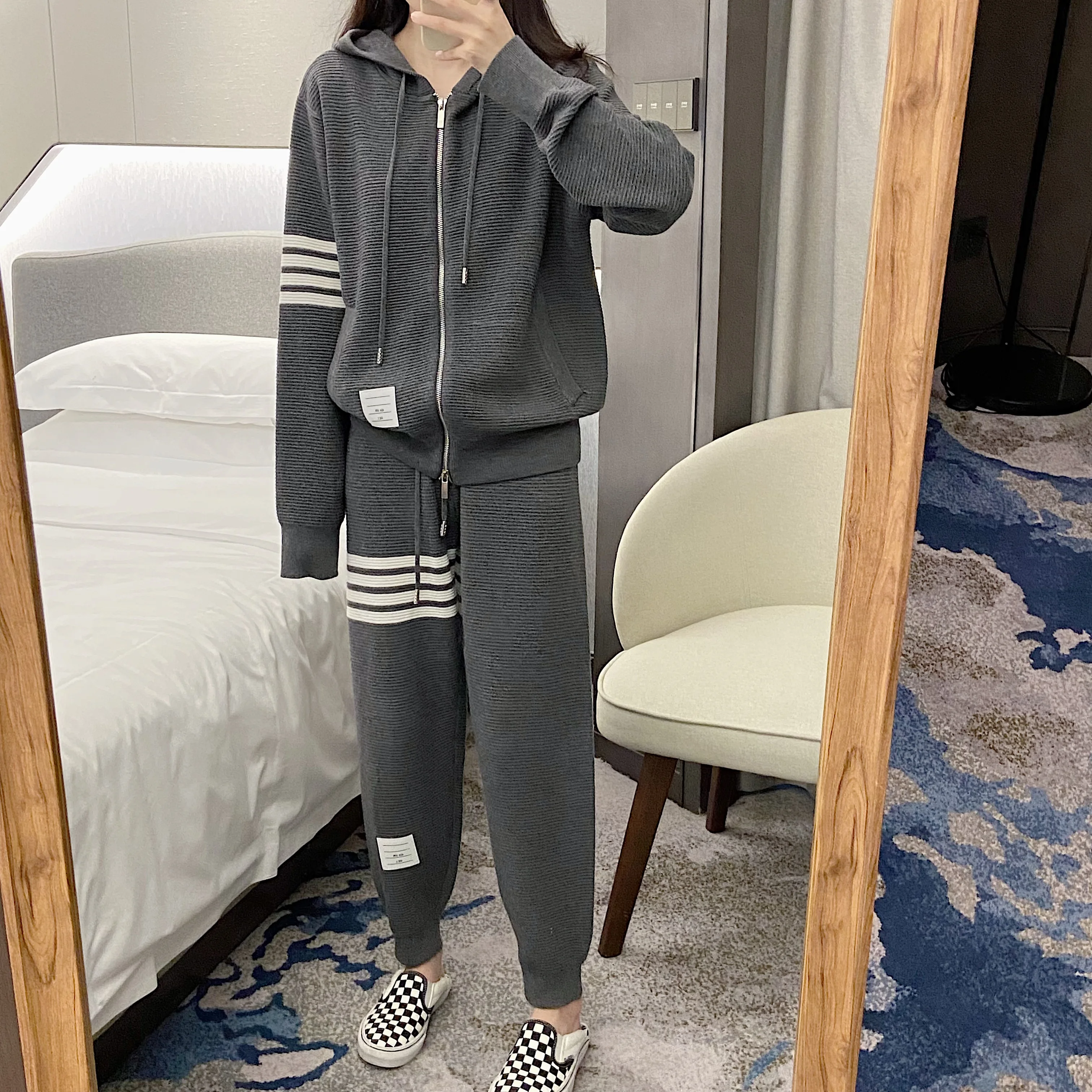 High Quality TB Korean Style Fashion Four Bar Horizontal Stripe Hooded Zippered Cardigan Coat Trousers Knitting Two-piece Suit
