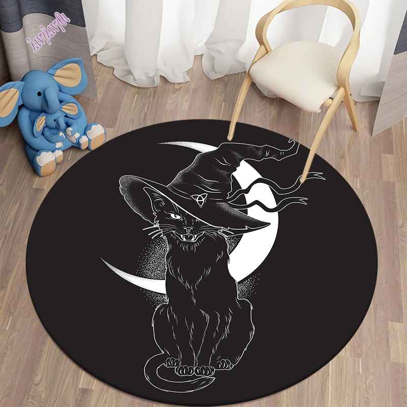 Black Cat Round Carpet for Living Room Rugs Children Carpet Bedroom Bath Mat for Children Home Decoration Anti-slip Doormat