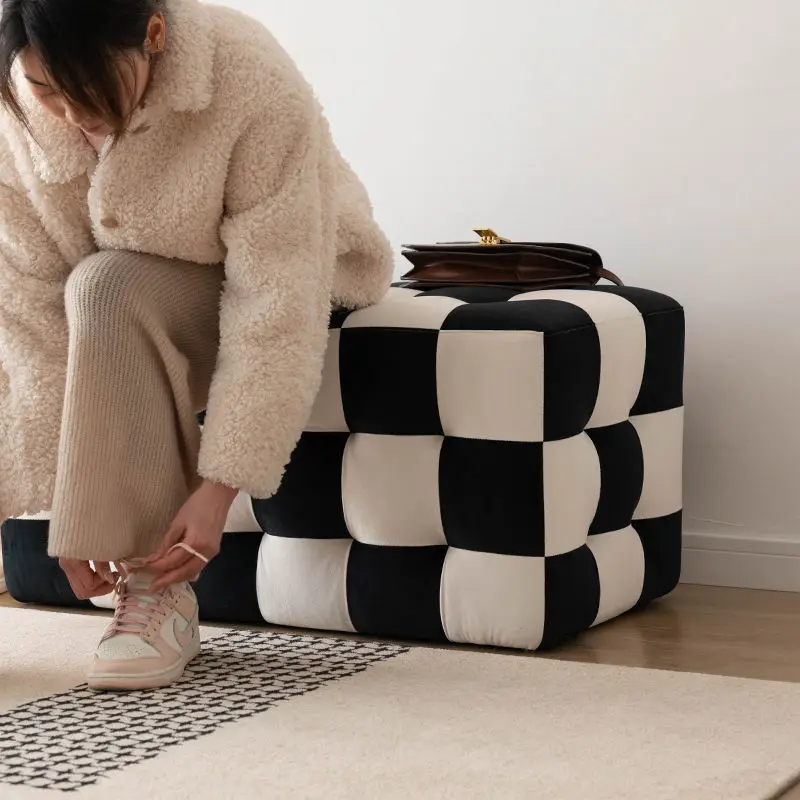 

2023 Makeup Stool Nordic Living Room Black and White Checkerboard Sofa Stool Simple Home Shoe Changing Stool Stool Chair