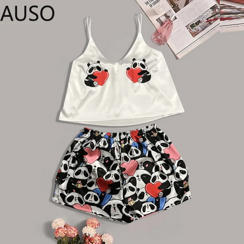 

Women Print Pajama Set Sexy V Neck Silk Sleepwear Satin Night Home Wear Sleeveless Top & Shorts 2021