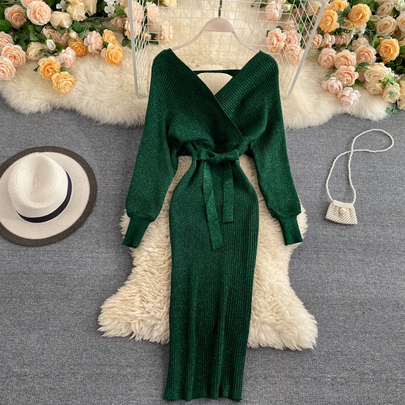 

Shiny Silk Knitted long sleeved tunic Dress