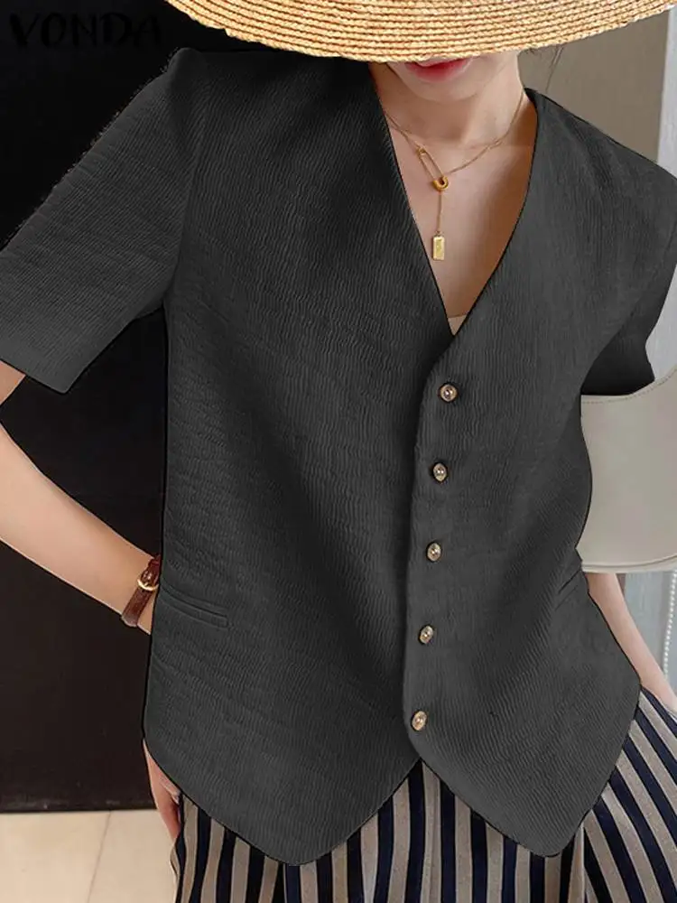 

2023 VONDA Women Blouse Casual Shirts Elegant Short Sleeve Summer Sexy V-neck Solid Tunic Tops Loose Button Party Blusas Mujer