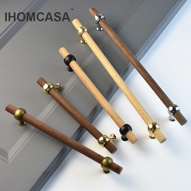 

IHOMCASA Walnut/Beech Wooden Closet Furniture Handles Kitchen Shoe Cabinet Drawer Door Knobs Gold/Black Dresser Wardrobes Pulls