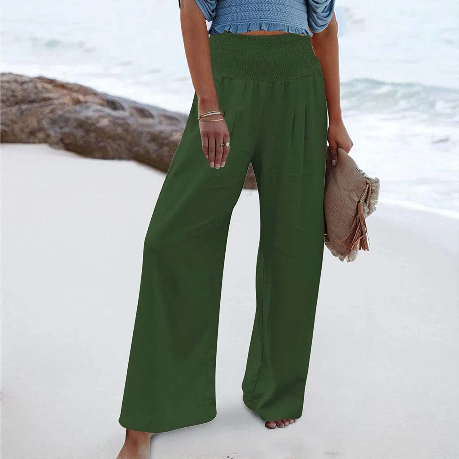 

Casual Pants Cotton Linen Straight Wide Leg Trousers Loose Waist Pleated with Pocket Solid Color S-XL Summer Clothing