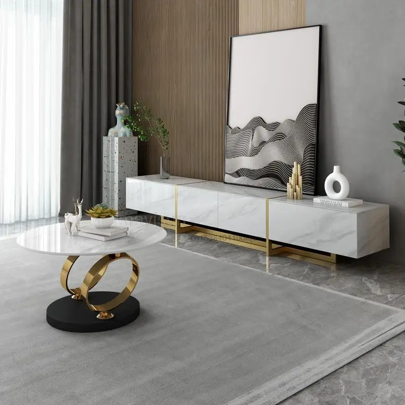 

Light Luxury Rock Board Creative Design Rotating Tea Table Modern Minimalist Coffee Tables Stainless Steel Frame And TV Cabinet