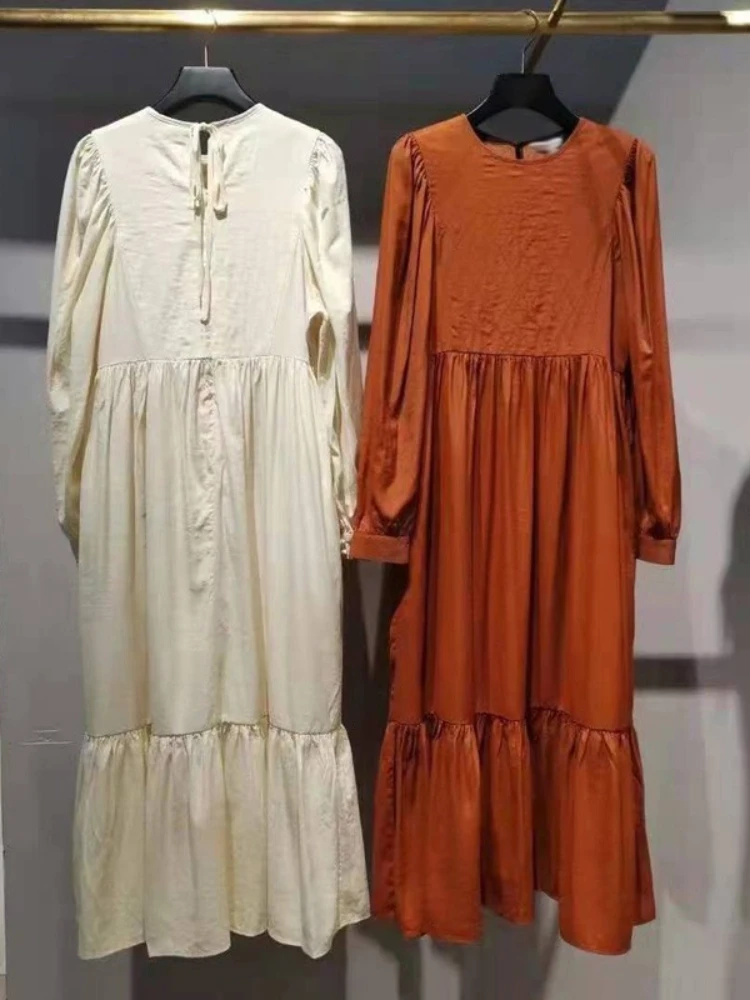 

One Piece Ladies Dress 2022 Spring New Ruffle Retro Long-sleeved Pleated O-neck Solid Dress Women Back Lace Up Midi Robe