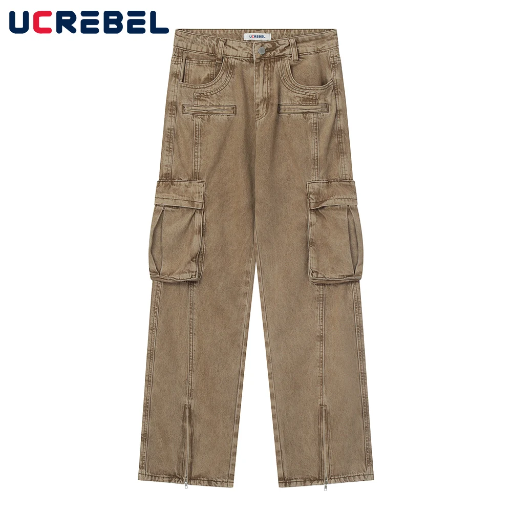 

Multi-Pocket Loose Straight-leg Pants Mens Split Zipper Decoration Jeans Autumn Winter Washed Distressed Denim Pants Men