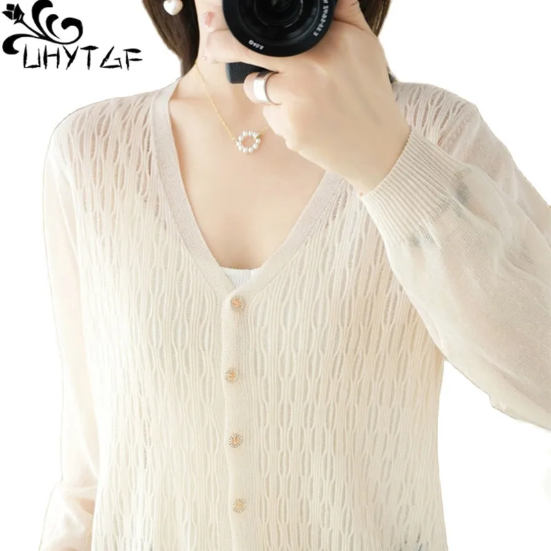 

UHYTGF New Summer Top Womens Knitted Hollow Ice Silk Cardigan Female Jacket Long-Sleeved Shawl Short Sunscreen Thin Outerwear 37