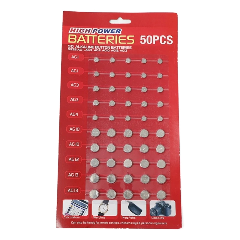 

50Pcs AG1/AG3/AG4/AG10/AG12/AG13 Batteries Set for Watch Toy Clock Calculators Mixed Button Coin Cell Battery Set