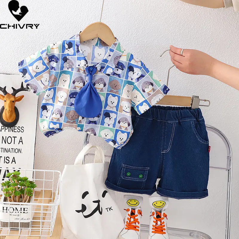

Boys Summer Clothing Suit New 2023 Baby Boy Cute Dog Print Short Sleeve Lapel Shirt Tops with Denim Shorts Kids Clothes Sets