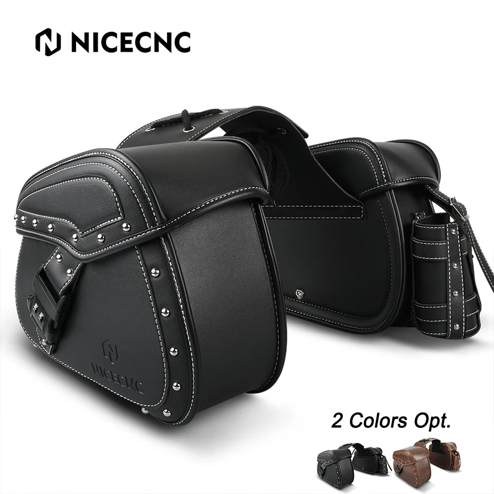 NICECNC 2Pcs Universal Motorcycle PU Leather Side Saddle Bags Saddlebags Luggage Panier Motocross Accessories Black Brown