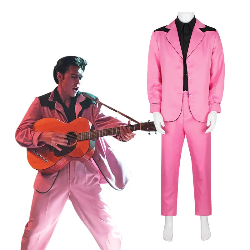 

Movie Elvis Presley Cosplay Costume Shirt Coat Pants Outfits Halloween Carnival Props Men Fashion Idol Pink Suit High Quality