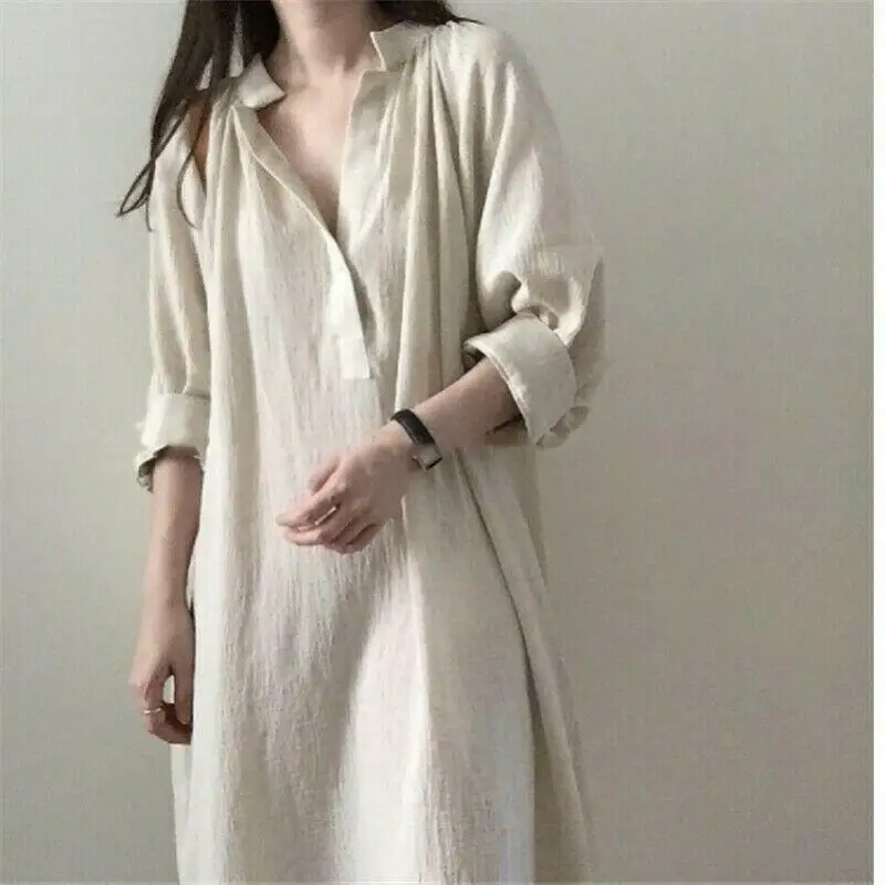 

Women Long Sleeves Cotton Linen Shirt Dress Long Maxi V-Neck Loose Casual Dress