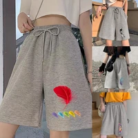 womens shorts fashion korean students harajuku nine point pants simple feather print shorts women casual streetwear