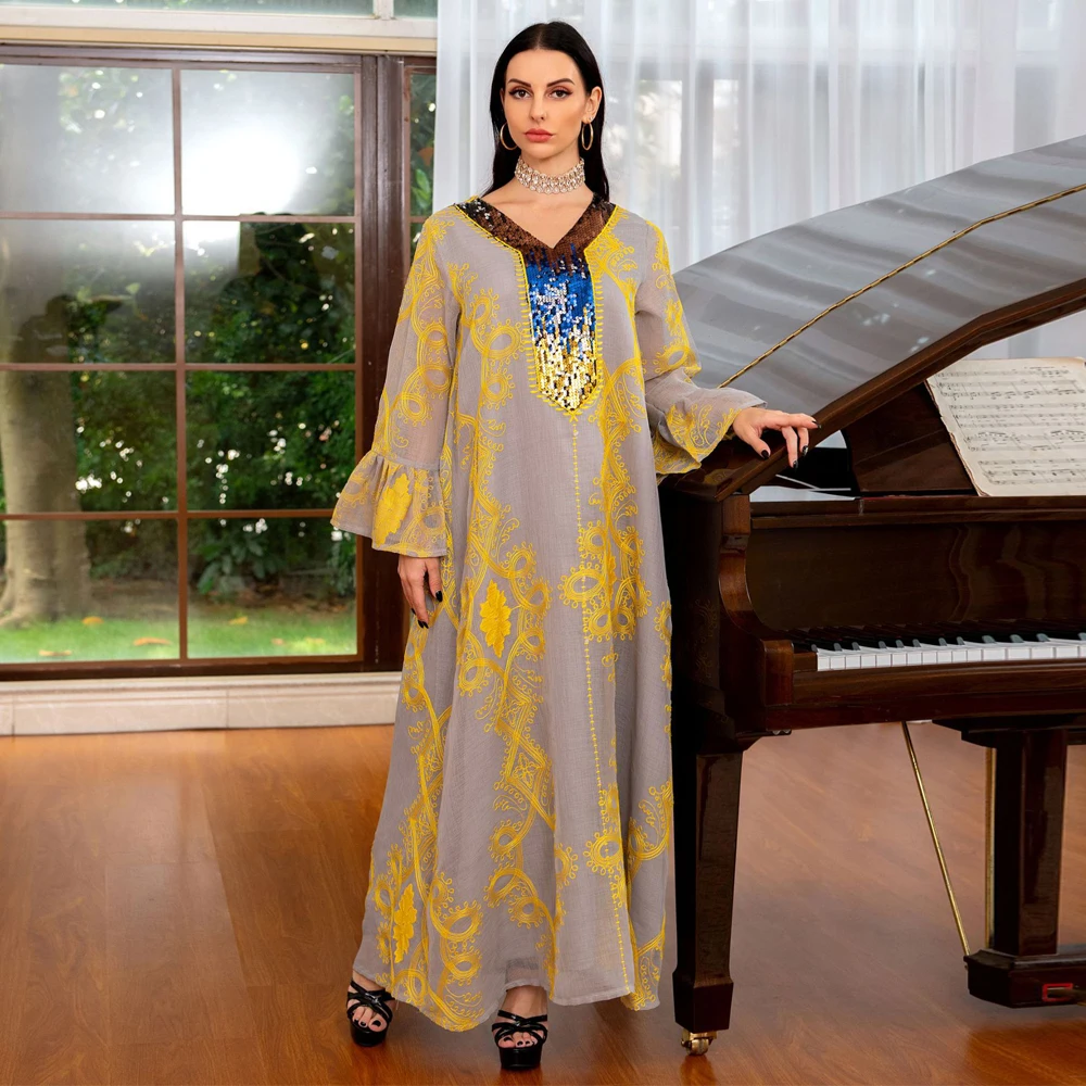 MD Абая для женщин Дубай, марокканский кафтан, вечернее платье с блестками и цветочной вышивкой, платье в стиле бохо, мусульманское кимоно, ар...