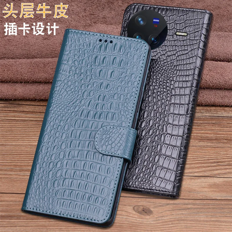 

Hot Sales Luxury Lich Genuine Leather Flip Phone Case For Vivo X80 Pro Real Cowhide Leather Shell Full Cover Pocket Bag Cases