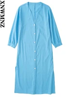 xnwmnz 2022 new fashion linen sleeve dress retro chic slit collar mid length dress casual high slit robe women