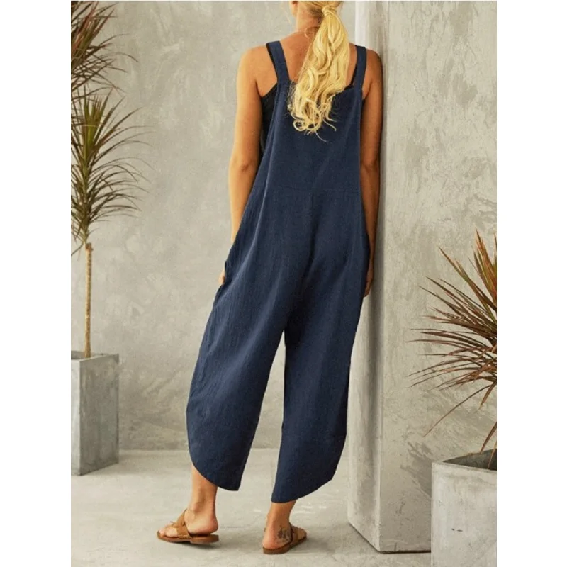 Solid Color Cotton Nine-point Jumpsuit Women 2023 Summer New Loose Casual Comfort Suspenders Fashion Plus Size Pocket Overalls