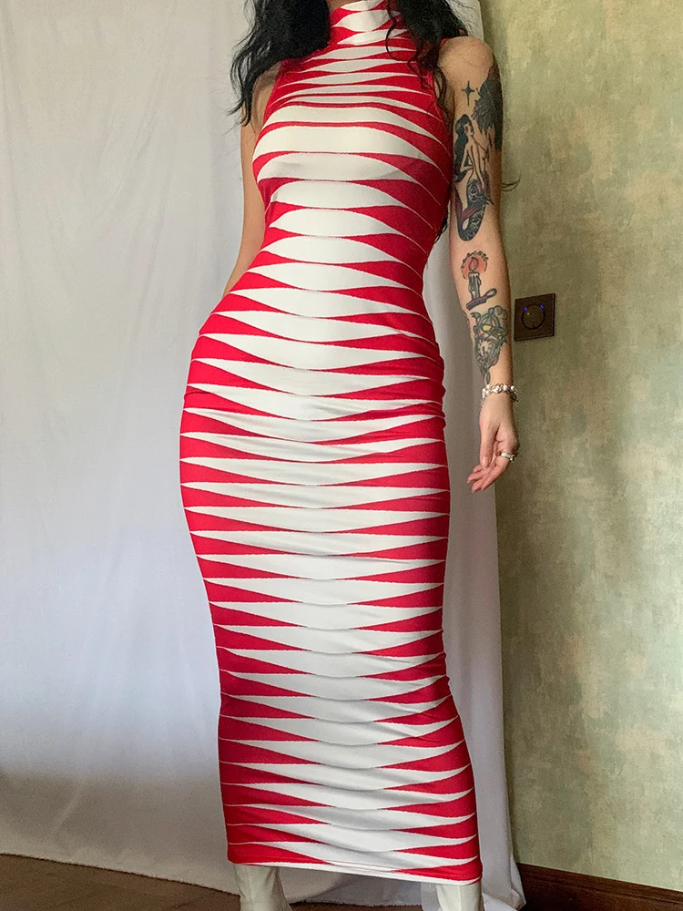 

Women Fashion Sleeveless Striped Printed Bodycon Pencil Red Long Dress Streetwear Summer Dresses Y2K Clothes Vestidos Wholesale