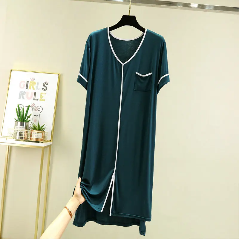 Summer Casual Dress For Women Elastic Nightdress Women's Modal V-Neck Short Sleeve Pocket Nightwear Fashion Home Clothes