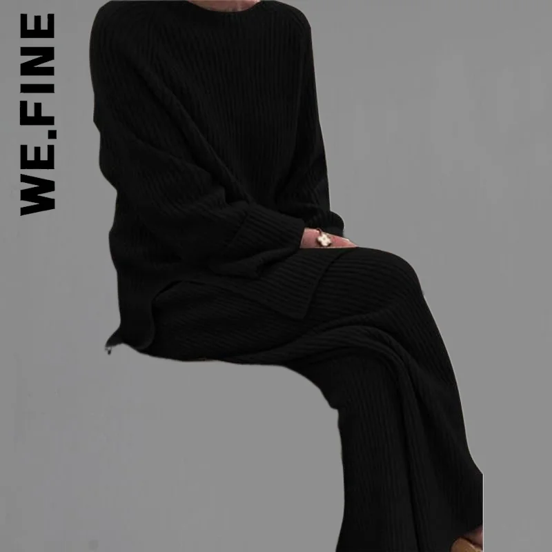 We.Fine Casual Two-piece Sweater Long Sleeve Top Thick Sweaters Women Long Sleeve Solid Color Knitted Winter Women Two-piece