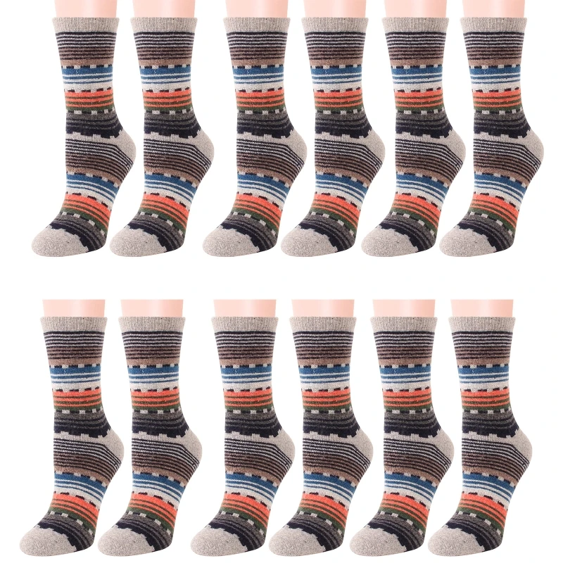 

6 Pairs Women Winter Warm Faux Wool Crew Socks Ethnic Colorful Stripes Printed Thick Knitted Terry Towel Casual Cozy Mid Calf