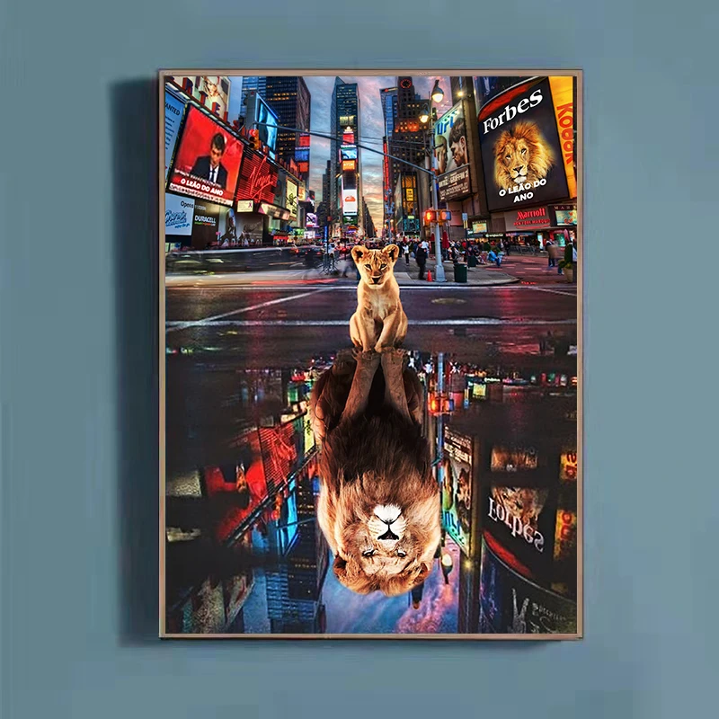 

Creative Painting Lion Reflection City Animal Poster Canvas Painting Street Pop Art Wall Pictures For Bedroom Living Room Decor