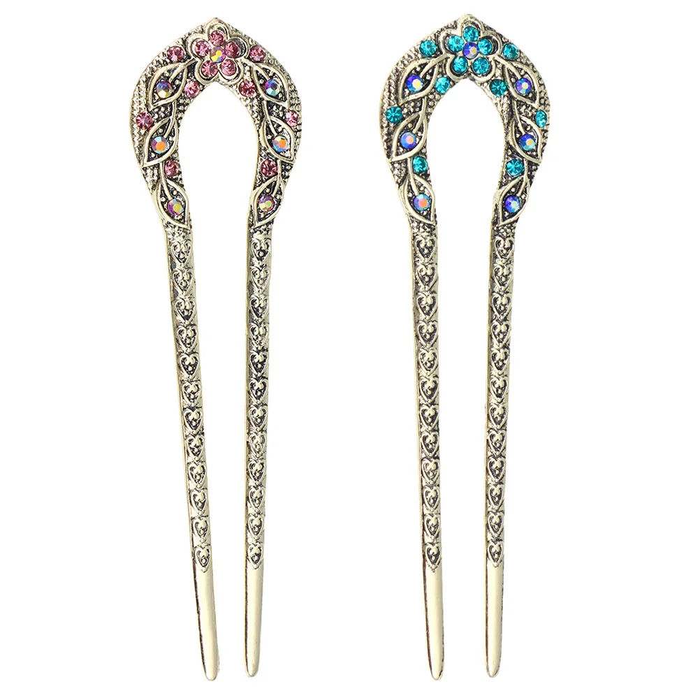 

Rhinestone Updo Hairpin Dovetail Double Prong Chopsticks Vintage Crystal Decor