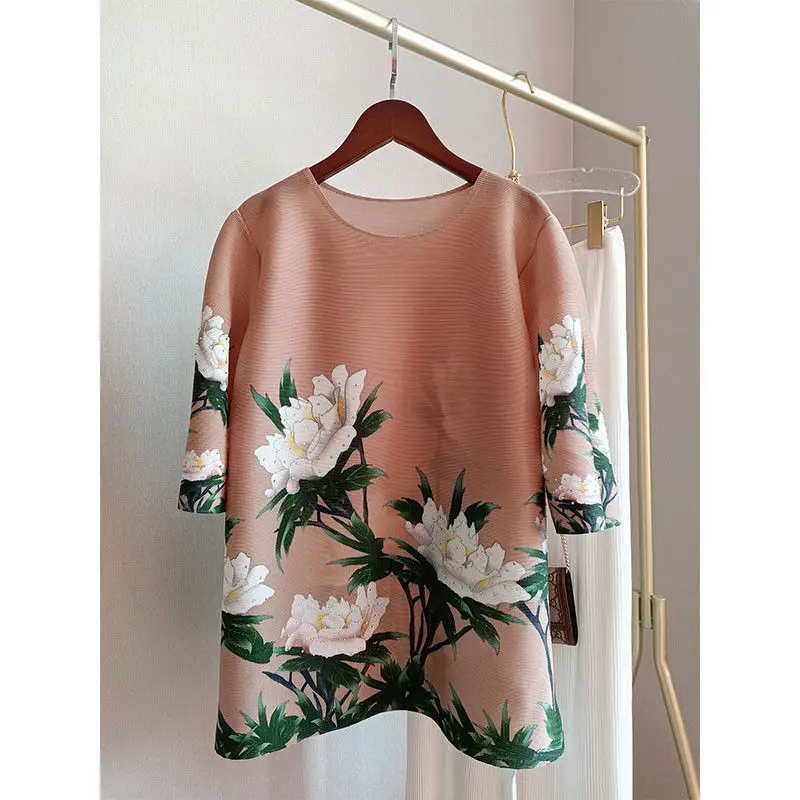 

Printed T-shirt female large size 2022 summer fashion new women's thin round neck pleated elastic lantern sleeves flower dress