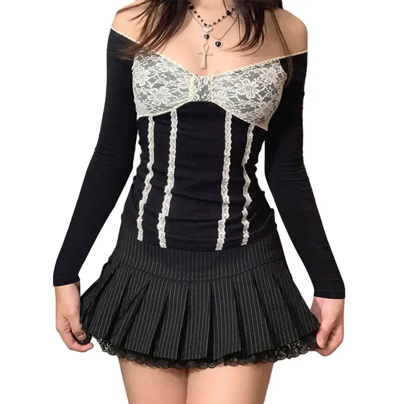 Женская Кружевная футболка повседневная Облегающая рубашка составного кроя с