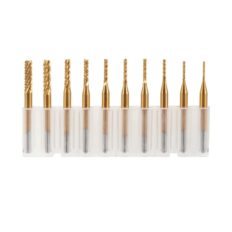

UCHEER 10pcs set 3.175 PCB golden Corn milling Cutter Tungsten router bits cutting end mill for Engraving machine