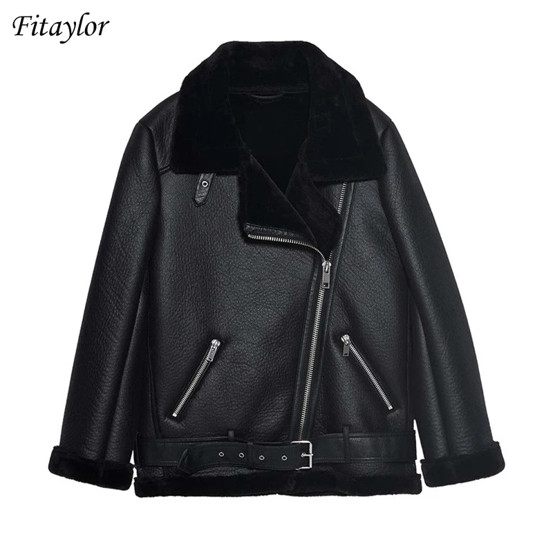 Fitaylor Winter Faux Lamb Leather Jacket Women Faux Leather Lambs Wool Fur Collar Suede Jacket Coats Female Warm Thick Outerwear